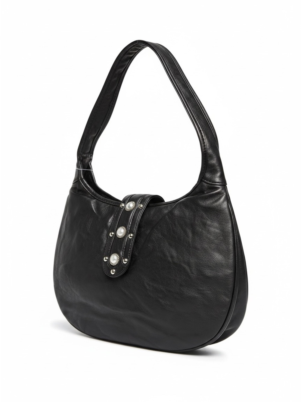 Women's Black Leather Shoulder Bag with Decorative Stud Strap